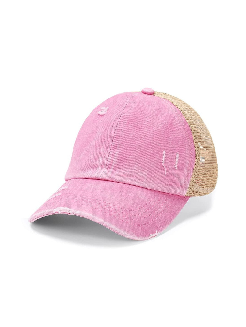 Criss Cross Hat Washed Distressed Baseball Cap Ponytail Hat | Pink | Size OS